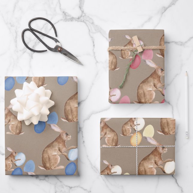 Rustic Kraft Easter Bunnies Share Easter Egg Hunt Wrapping Paper Sheets (Front)