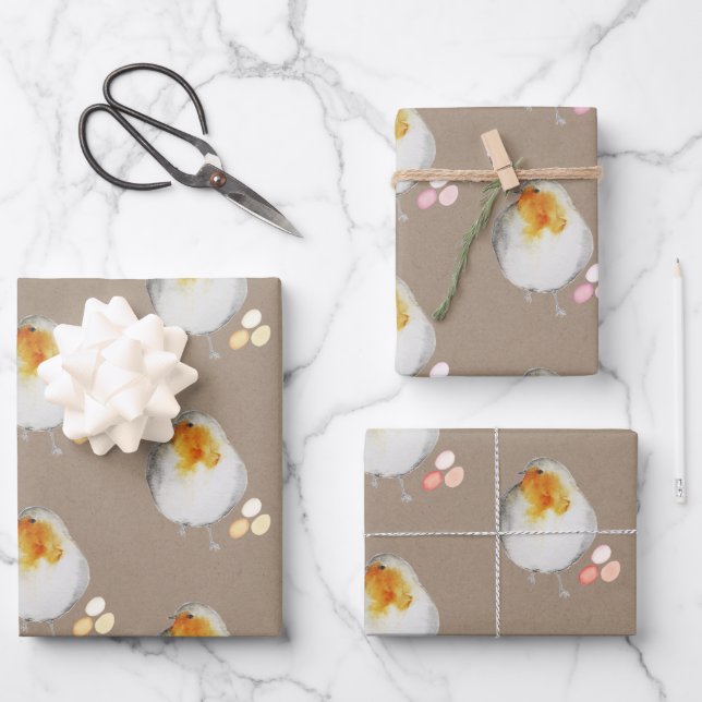 Rustic Kraft Easter Hens Chicks Hiding Easter Eggs Wrapping Paper Sheets (Front)