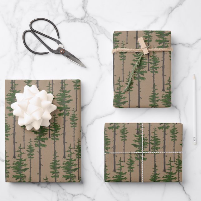 Rustic Kraft Eastern Pine Green Woodland Forest Wrapping Paper Sheets (Front)
