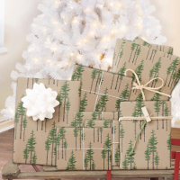 Kraft Winter Pine Green Watercolor Tree Wrapping Paper