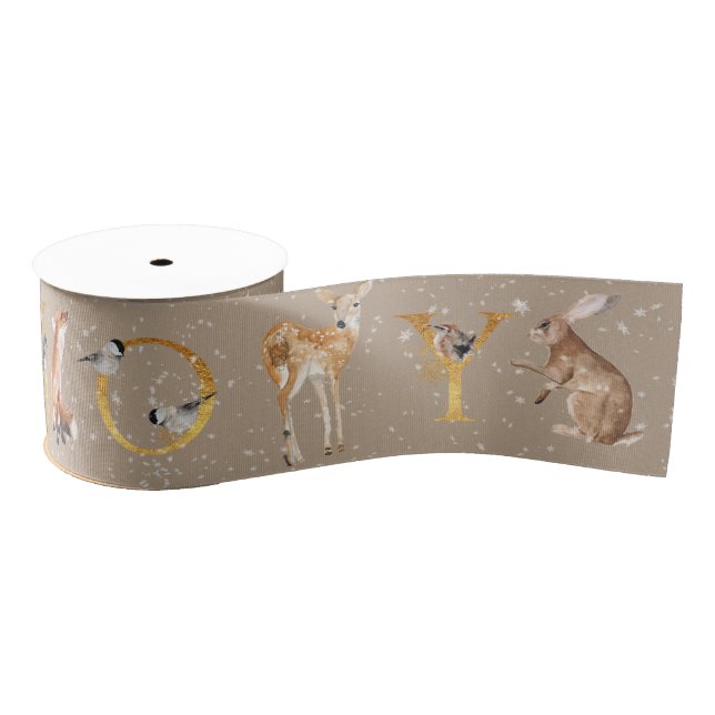 Rustic Kraft Elegant Animals & Joy In Gold Letters Grosgrain Ribbon (Spool)