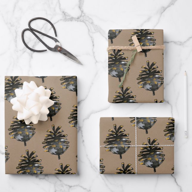 Rustic Kraft Elegant Black Gold Pine Cones Wrapping Paper Sheets (Front)