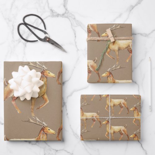 Rustic Kraft Elegant Gold Reindeer Stag Wrapping Paper Sheets