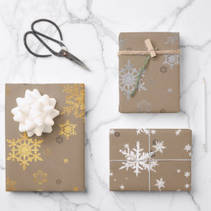 Rustic Kraft Elegant Gold Silver White Snowflakes  Wrapping Paper Sheets
