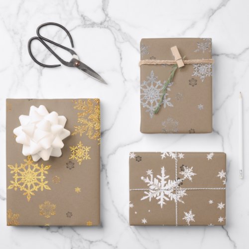 Rustic Kraft Elegant Gold Silver White Snowflakes  Wrapping Paper Sheets