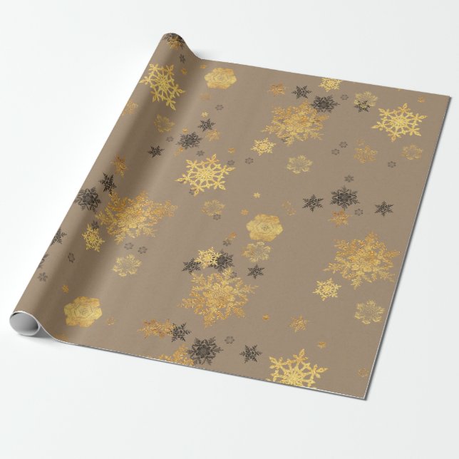 Rustic Kraft Elegant Gold Snowflakes Wrapping Paper (Unrolled)