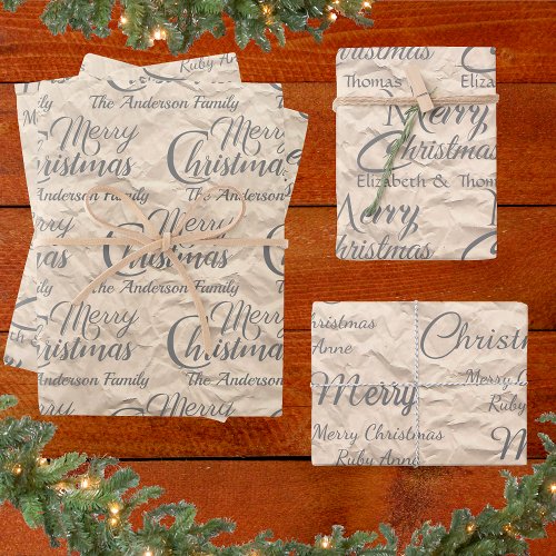 Rustic Kraft Elegant Gray Script Merry Christmas Wrapping Paper Sheets