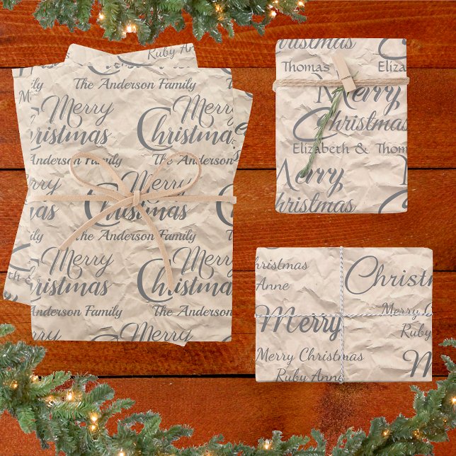 Rustic Kraft Elegant Gray Script Merry Christmas Wrapping Paper Sheets (Creator Uploaded)