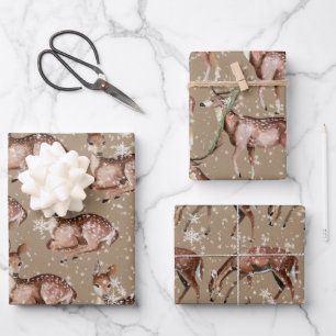 Rustic Kraft Elegant Reindeer Family Stag Doe Fawn Wrapping Paper Sheets