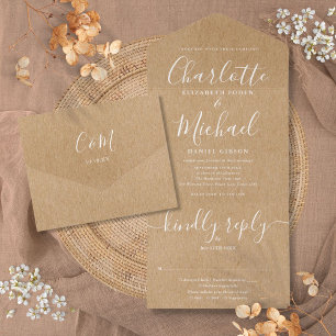 Rustic Kraft Elegant Script Minimalist Wedding  All In One Invitation
