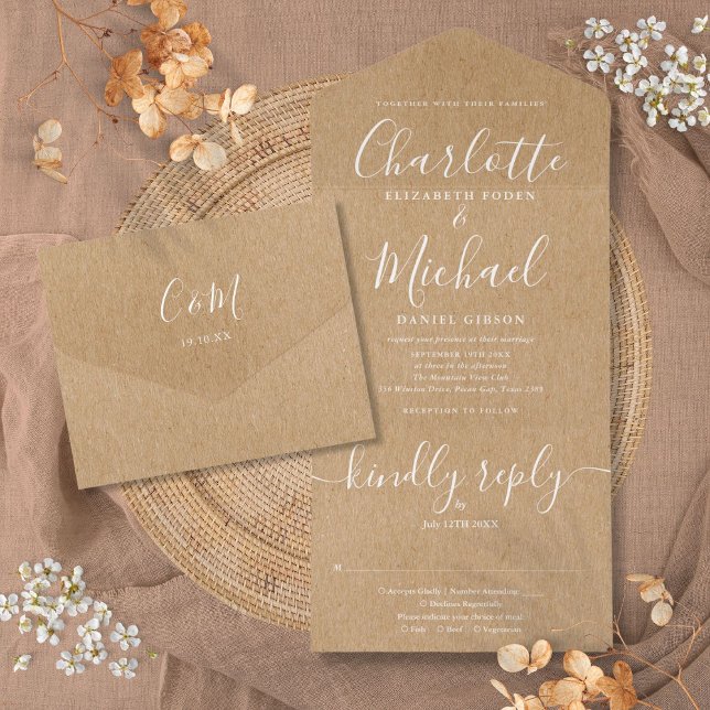 Rustic Kraft Elegant Script Minimalist Wedding  All In One Invitation (Rustic Kraft Elegant Script Minimalist Wedding All In One Invitation)