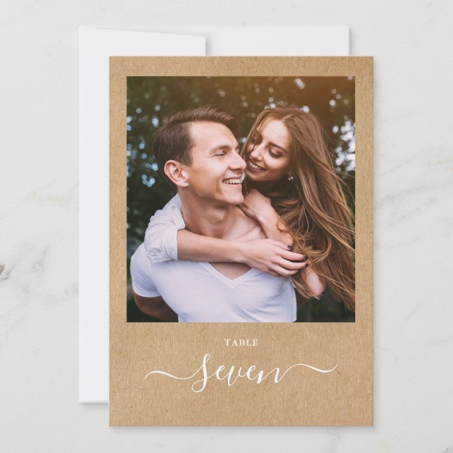 Rustic Kraft Elegant Script Photo Table Number (Front)