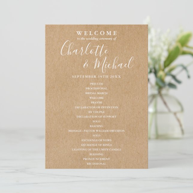 Rustic Kraft Elegant Script Wedding Program (Standing Front)