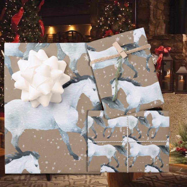 Rustic Kraft Elegant Snowy White Horse Wrapping Paper Sheets (Creator Uploaded)