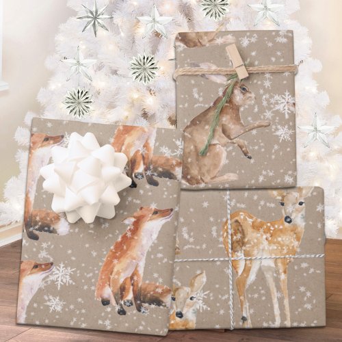 Rustic Kraft Elegant Snowy Winter Animals 2 Wrapping Paper Sheets