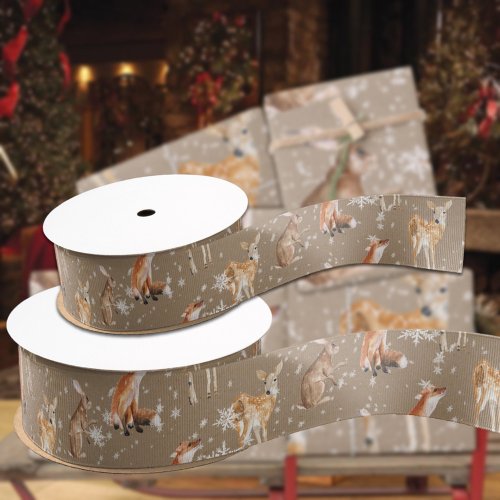 Rustic Kraft Elegant Snowy Winter Animals Grosgrain Ribbon