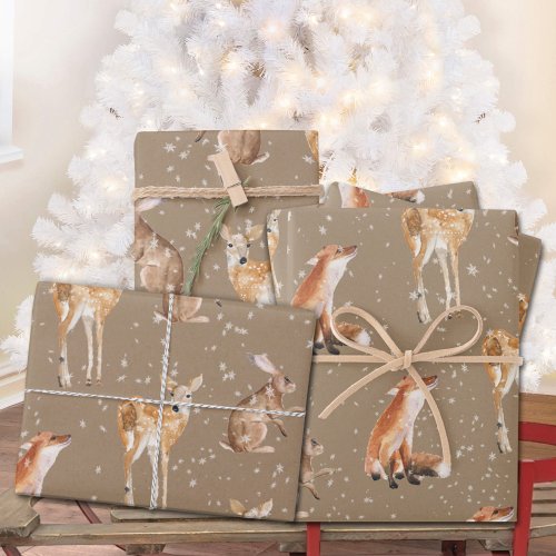 Rustic Kraft Elegant Snowy Winter Animals Together Wrapping Paper Sheets