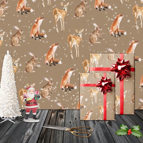 Rustic Kraft Elegant Snowy Winter Animals Wrapping Paper