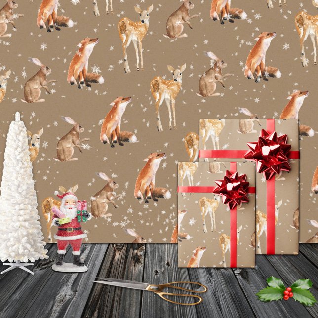 Rustic Kraft Elegant Snowy Winter Animals Wrapping Paper (Rustic Kraft Elegant Snowy Winter Animals Christmas Holiday Gift Wrapping Rolls: Matte or Glossy)
