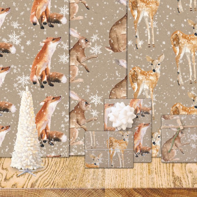 Rustic Kraft Elegant Snowy Winter Animals Wrapping Paper Sheets (Rustic Kraft Elegant Winter Animals Red Fox Doe Deer Hare Christmas Holiday Wrapping Paper Rolls)