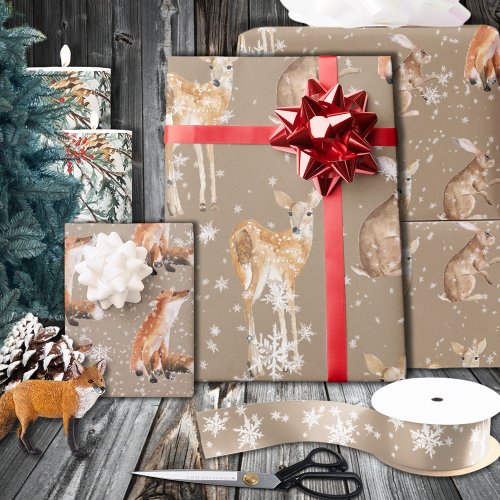 Rustic Kraft Elegant Snowy Winter Animals Wrapping Paper Sheets