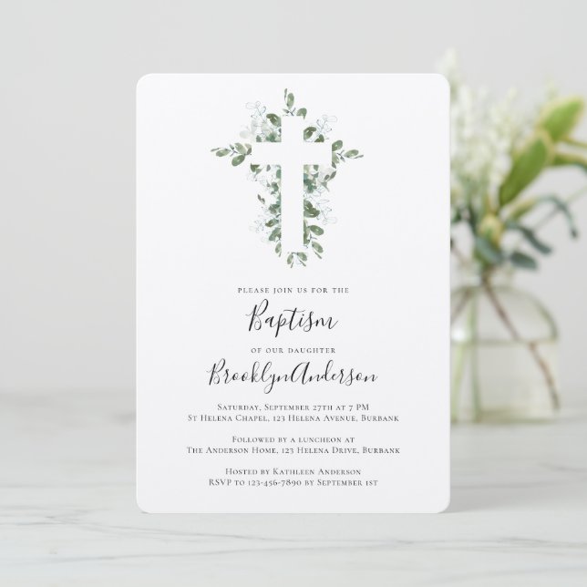 Rustic Kraft Eucalyptus Cross Baptism Invitation (Standing Front)
