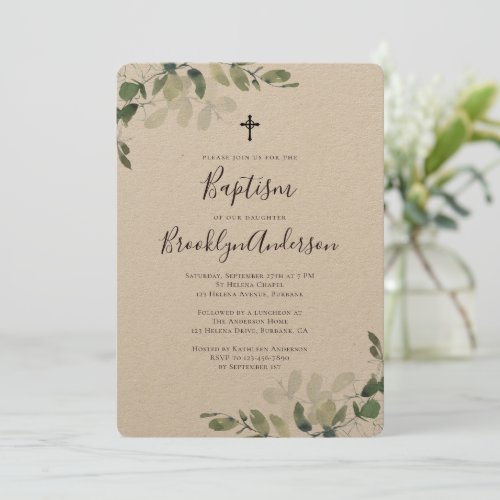 Rustic Kraft Eucalyptus Greenery Baptism Invitation