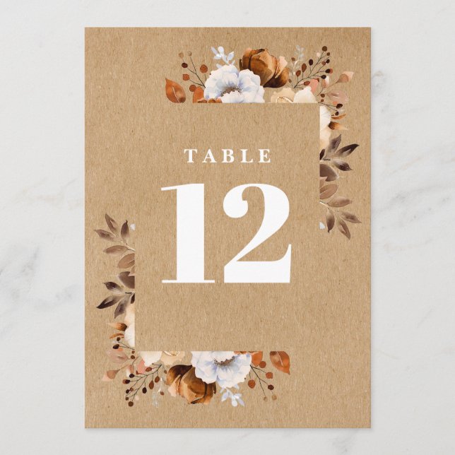 Rustic Kraft Fall Country Floral Table Number (Front)