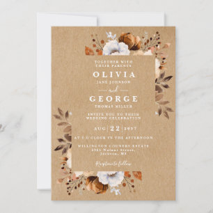 Rustic Kraft Fall Floral All In One Wedding Invitation