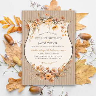 Rustic Kraft Fall Floral Autumn Leaf Brown Wedding Invitation