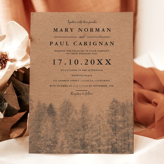 Rustic kraft Fall winter pine trees forest wedding Invitation (Rustic kraft Fall winter pine trees forest wedding Invitation)
