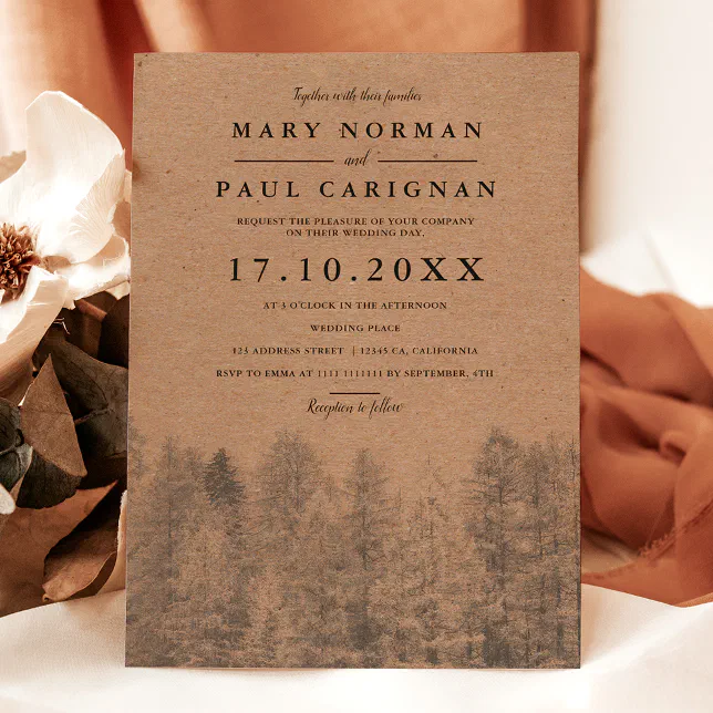Rustic kraft Fall winter pine trees forest wedding Invitation | Zazzle