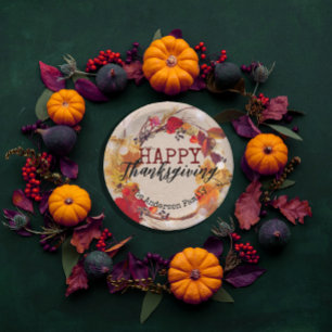 Rustic Kraft Fall Wreath Family Thanksgiving Paper Plates