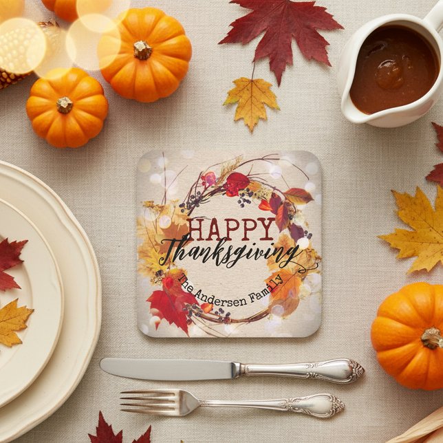 Rustic Kraft Fall Wreath Thanksgiving Dinner Square Paper Coaster (Creator Uploaded)