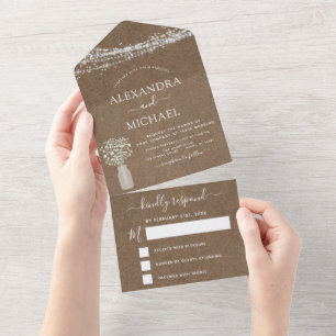 Rustic Kraft Farmhouse Baby's Breath Wedding All In One Invitation