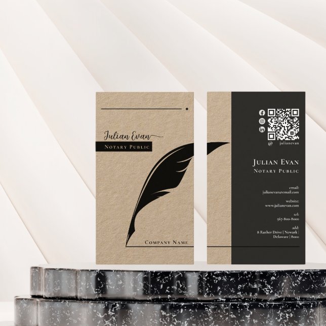Rustic Kraft Feather pen nib Notary Public Qr code Business Card (Creator Uploaded)