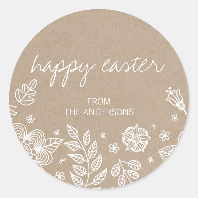 Rustic Kraft Floral Happy Easter Round Sticker (Front)