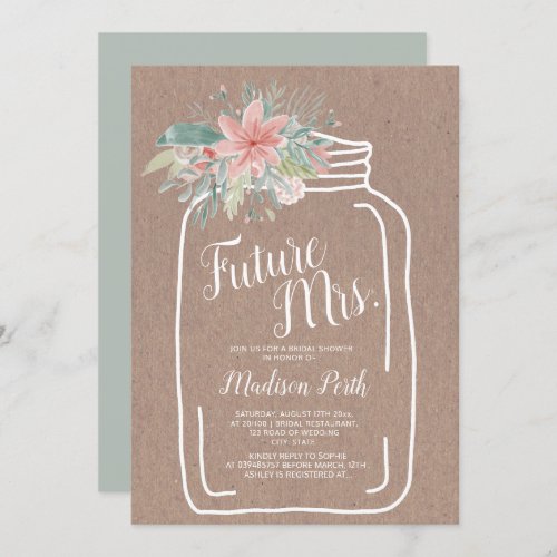 Rustic kraft floral mason jar script bridal shower invitation