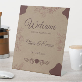 Rustic Kraft Floral Wedding Welcome Pedestal Sign