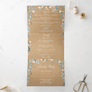 Rustic Kraft Floral Wildflowers Photo Wedding Tri-Fold Invitation