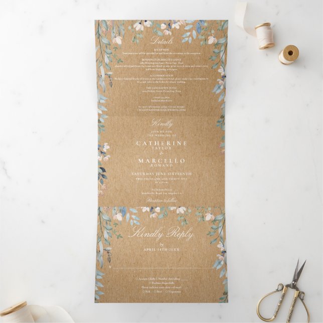 Rustic Kraft Floral Wildflowers Photo Wedding Tri-Fold Invitation (Inside)