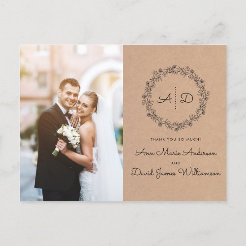 Rustic Kraft Floral Wreath Wedding Thank You Photo Postcard