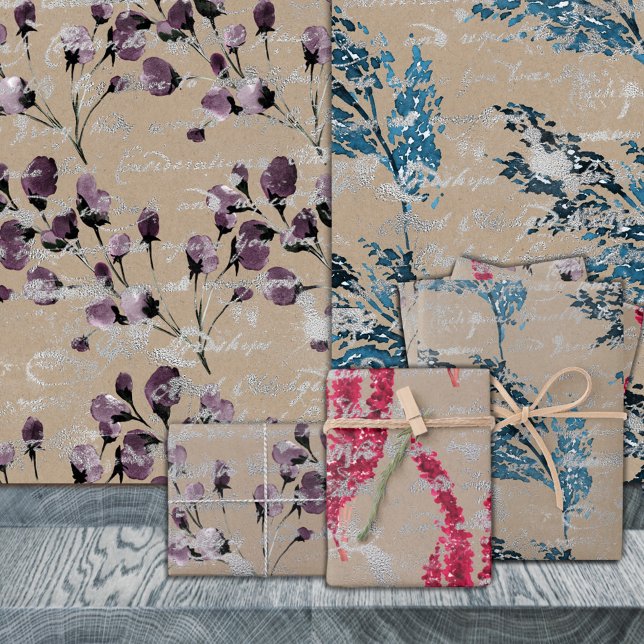 Rustic Kraft Florals & Silver Handwriting Wrapping Paper Sheets (Rustic Kraft Florals & Silver Handwriting Gift Wrapping Paper Sheets Trio)