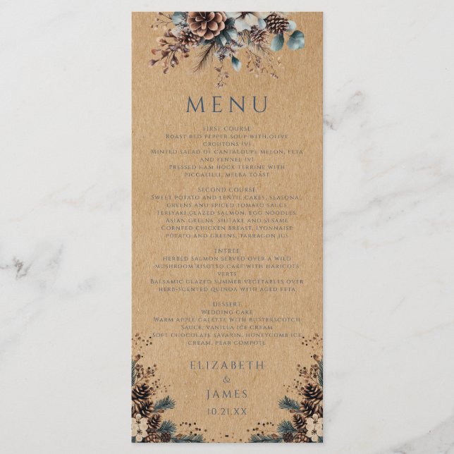 Rustic Kraft Forest Floral Pinecones Wedding Menu (Front)