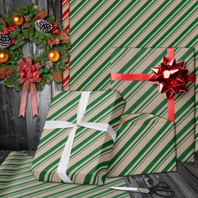 Rustic Kraft Forest Green Candy Stripes Holiday Wrapping Paper (Forest Green Candy Cane Stripe Holiday Wrapping Paper Rolls in 6 and 15 foot rolls.)