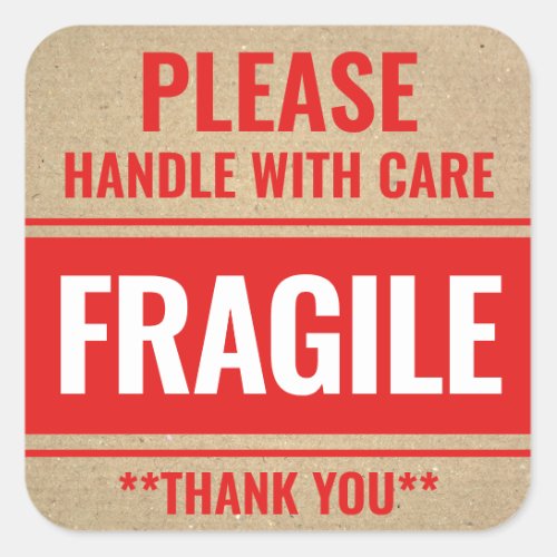 Rustic Kraft Fragile Handle With Care Warning Square Sticker