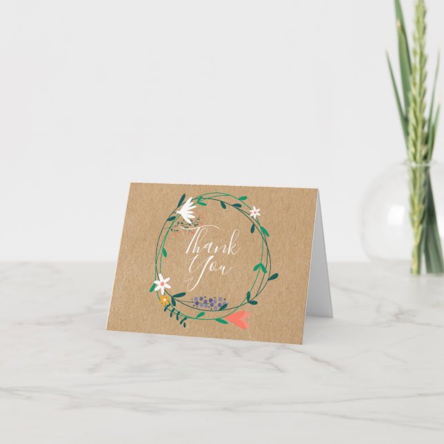Rustic Kraft Fresh Spring Floral Garland Thank You Card (Front)