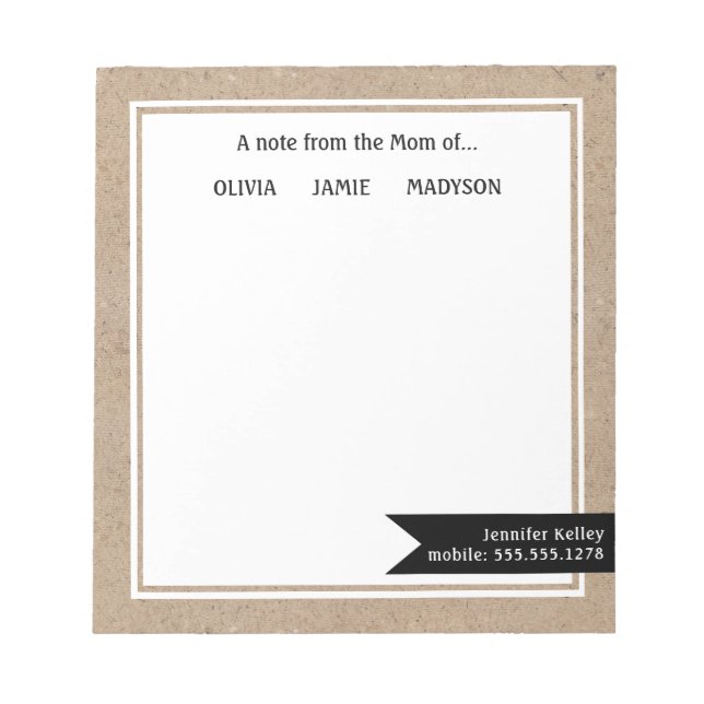 Rustic Kraft "From the Mom of", Personalized Notepad (Front)
