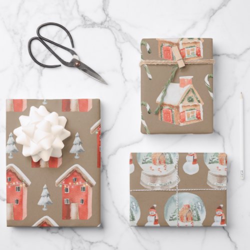 Rustic Kraft Gingerbread House Snow Globe Snowman Wrapping Paper Sheets