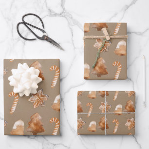 Rustic Kraft Gingerbread Tree Star Bell Candy Cane Wrapping Paper Sheets